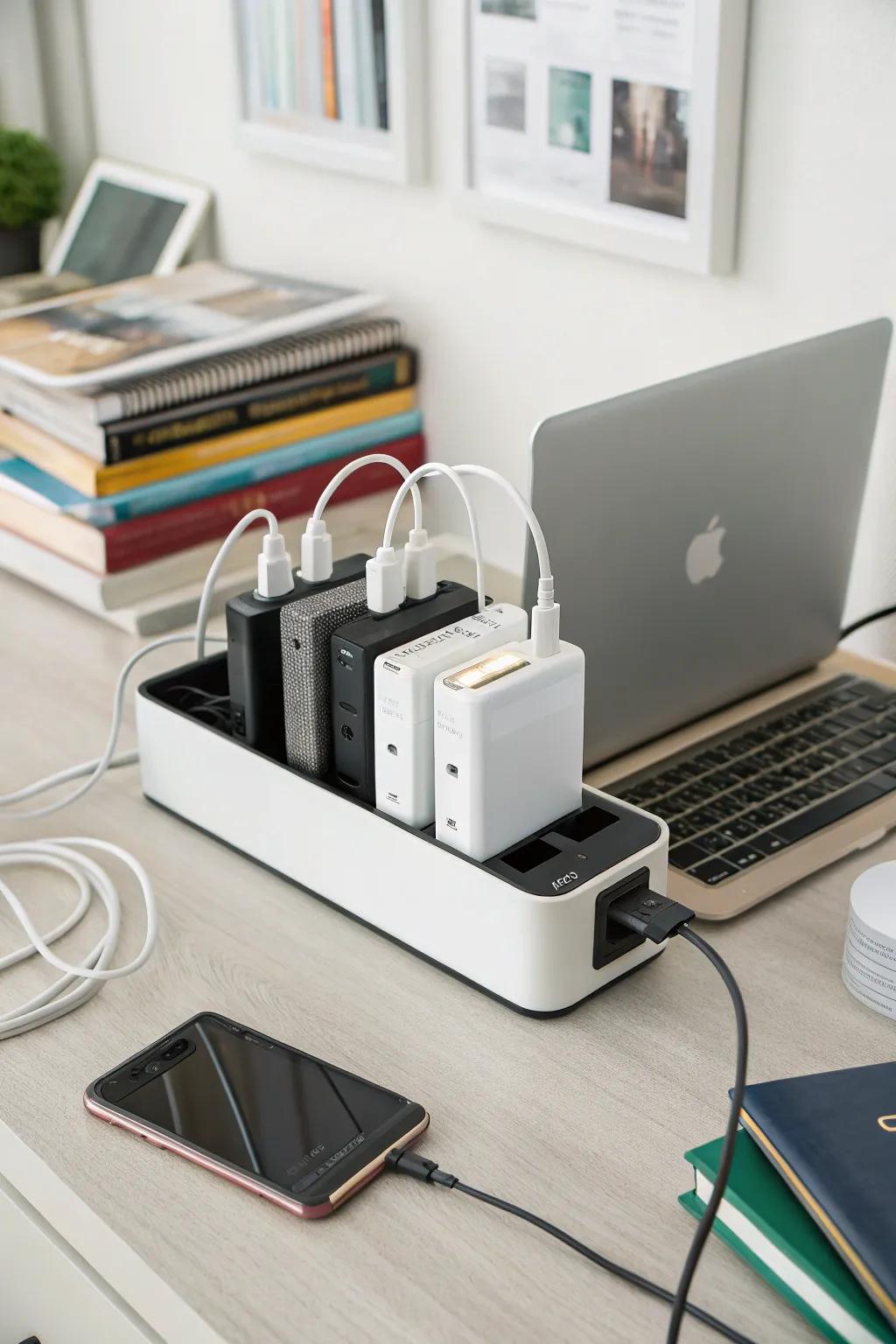 A docking center keeps gadgets organized and charged.