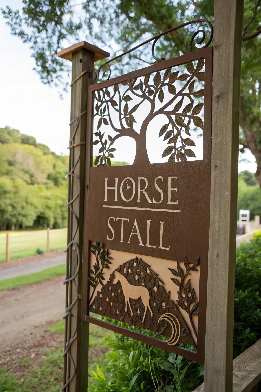 Nature-inspired details on a horse stall marker.