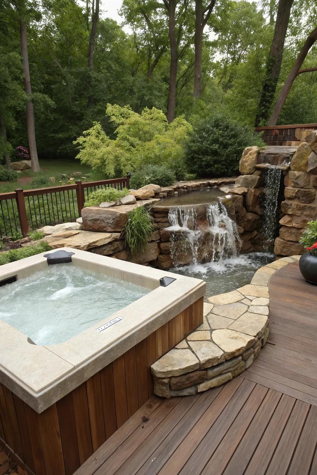 A waterfall feature enhances soothing sounds and visual appeal.