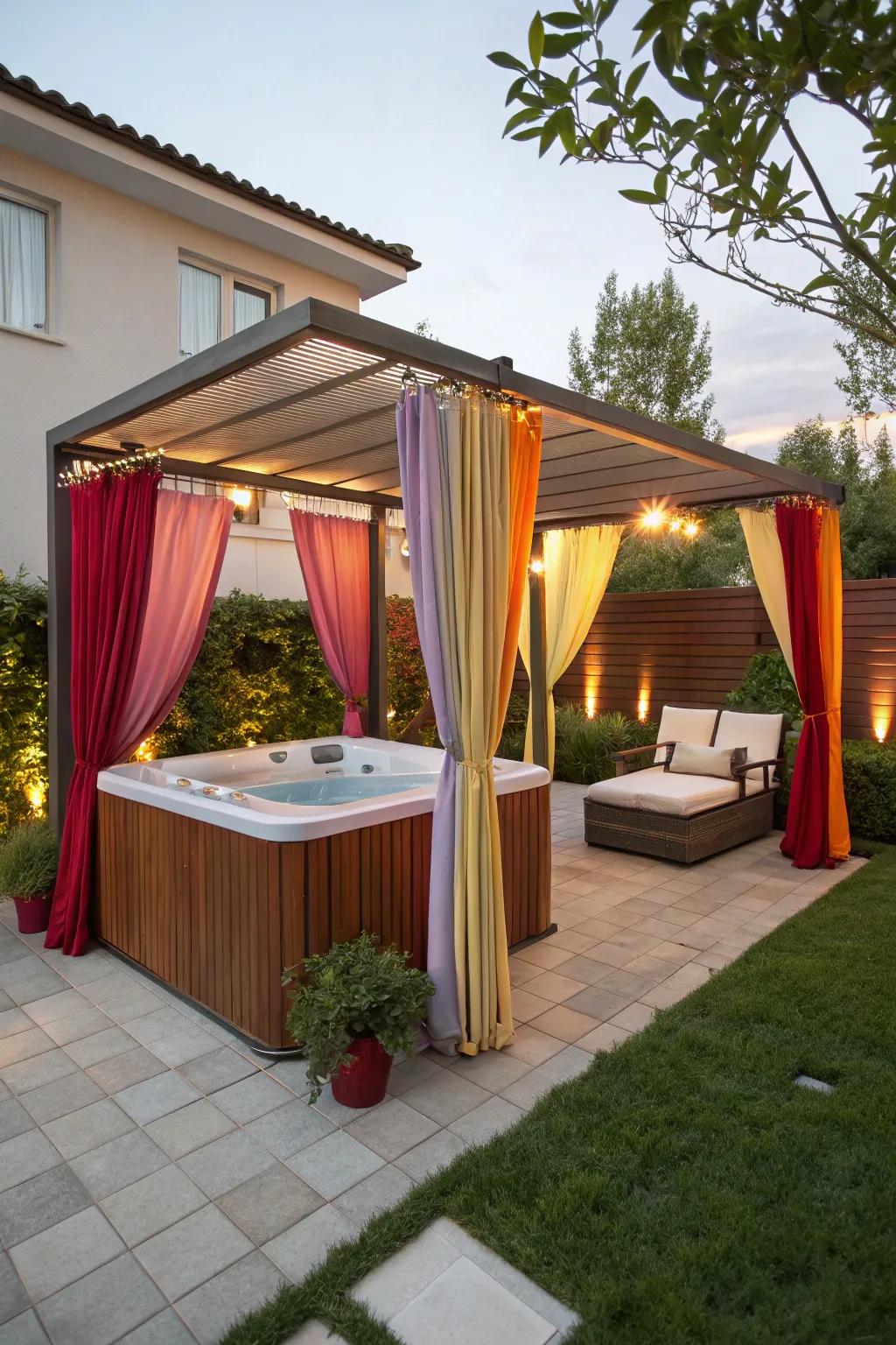 Vibrant drapes provide privacy and a splash of color.
