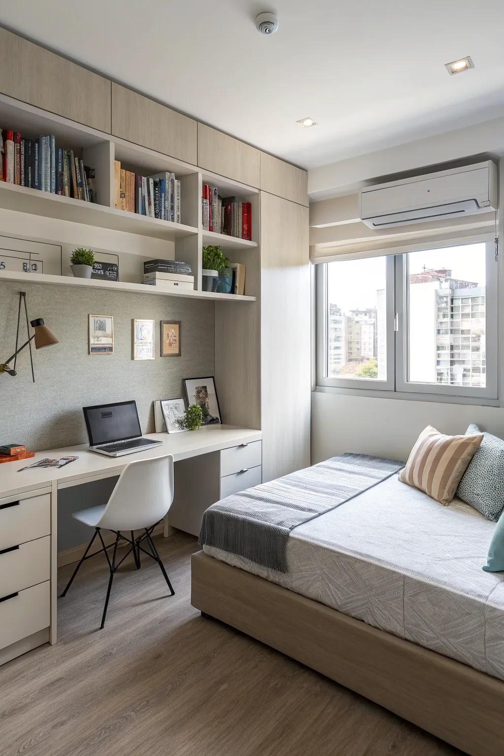 A functional multipurpose room that serves as both an office and a guest space.