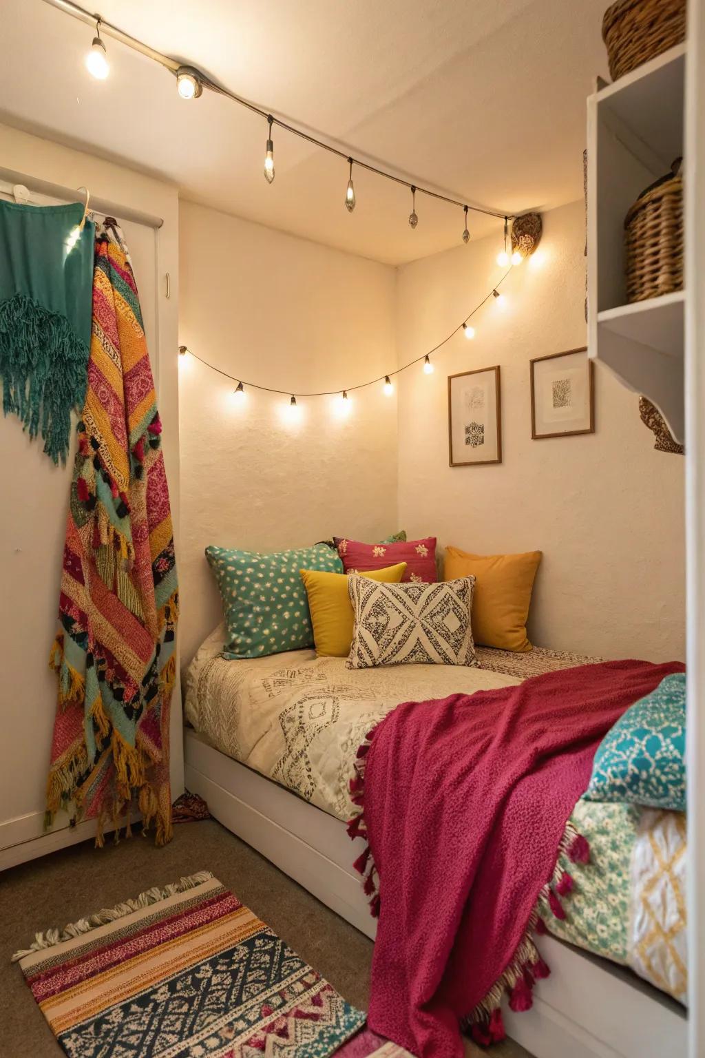 A small bedroom enhanced by colorful cushions.