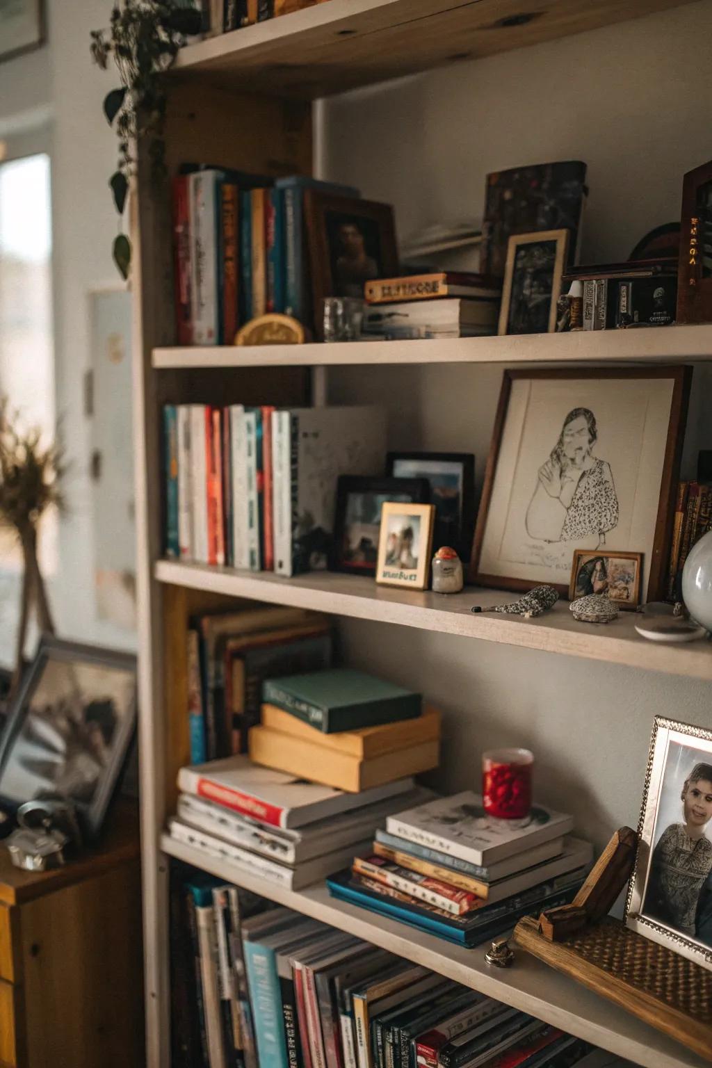 Bookshelf with personal mementos and keepsakes.