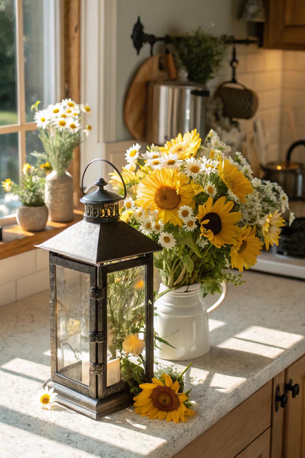 Summer captured, with sunflowers and daisies bringing joy to any room.