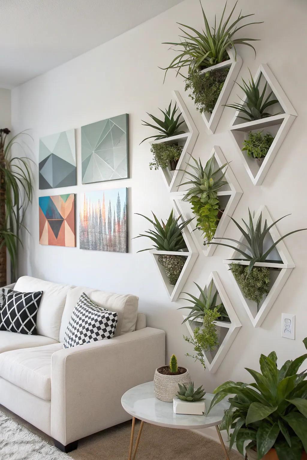 Symmetrical wall accents featuring air plants, embodying contemporary aesthetic.