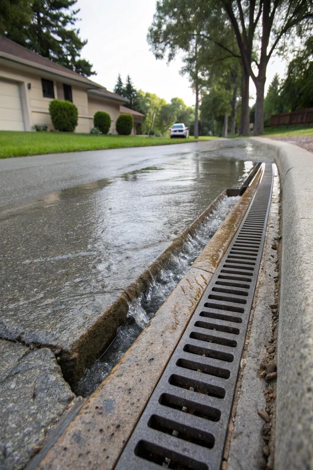 Channel drains keep paved spaces devoid of water gathering.