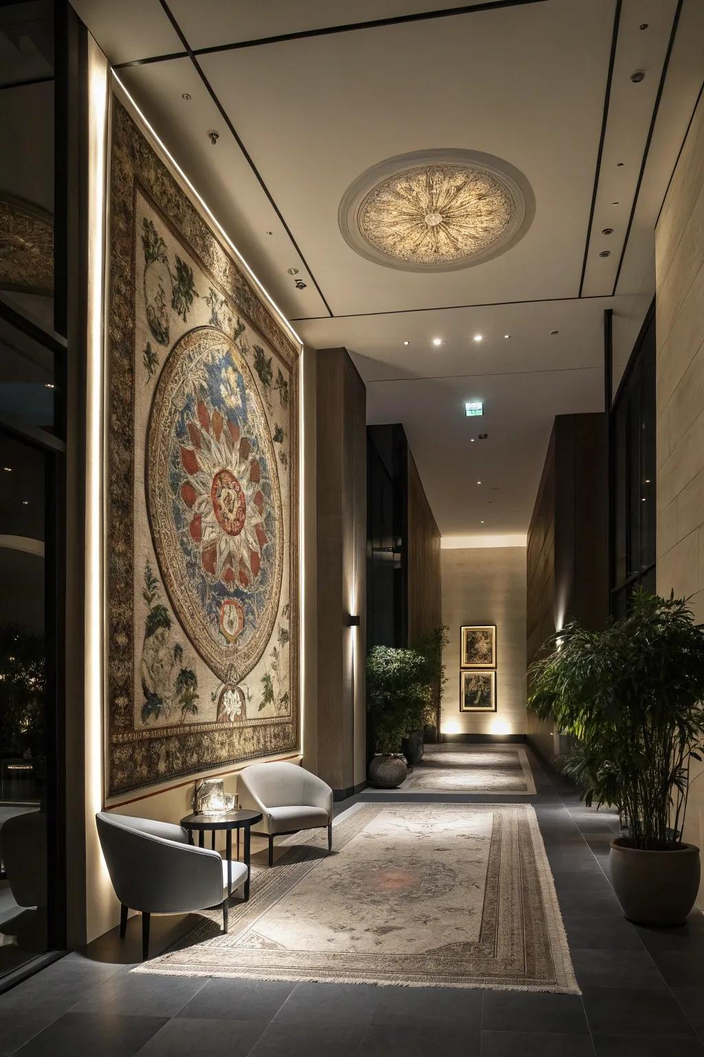 A floor-length <strong><em>tapestry</em></strong> delivers a striking declaration.&rdquo; loading=&rdquo;lazy&rdquo; class=&rdquo;pimg&rdquo;>
	</picture><figcaption>A floor-length <strong><em>tapestry</em></strong> delivers a striking declaration.</figcaption></figure>
<p>Exhibiting a <strong><em>tapestry</em></strong> from the summit down to the base can deliver a dramatic declaration. This concept transformed my entryway into a captivating focal point.</p>
<h3>Items that may come in handy:</h3>
<ul class=