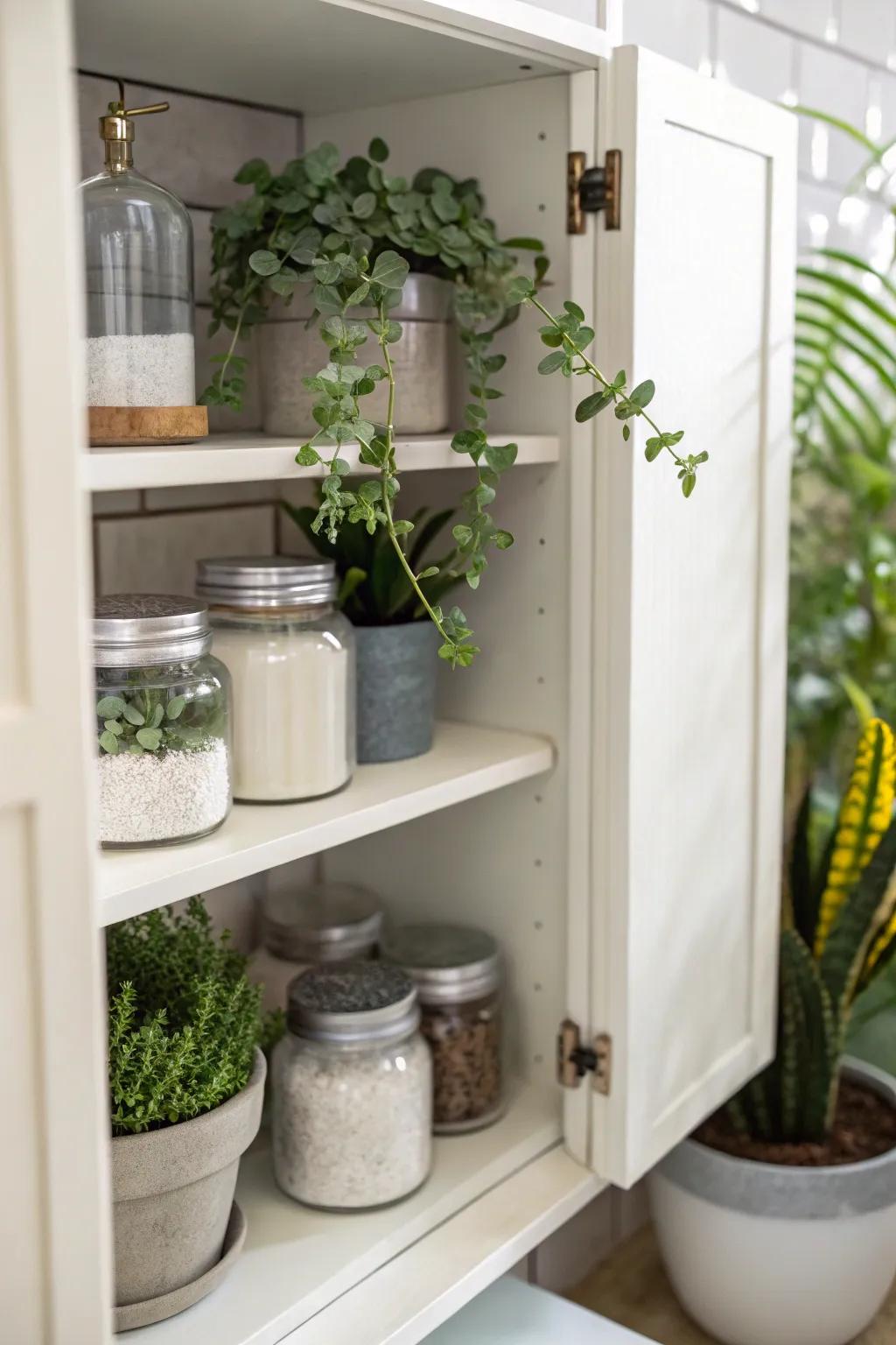 Decorative elements like plants and jars inside a bathroom cabinet for enhanced visual appeal.