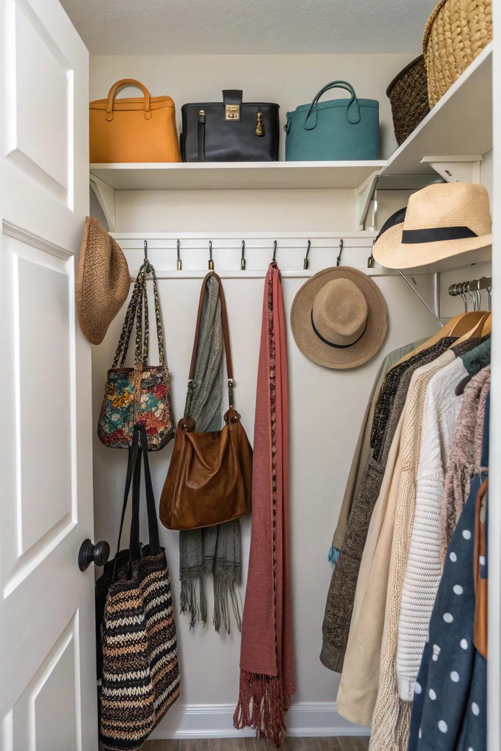 Use hooks to maximize wall space for hanging different accessories.