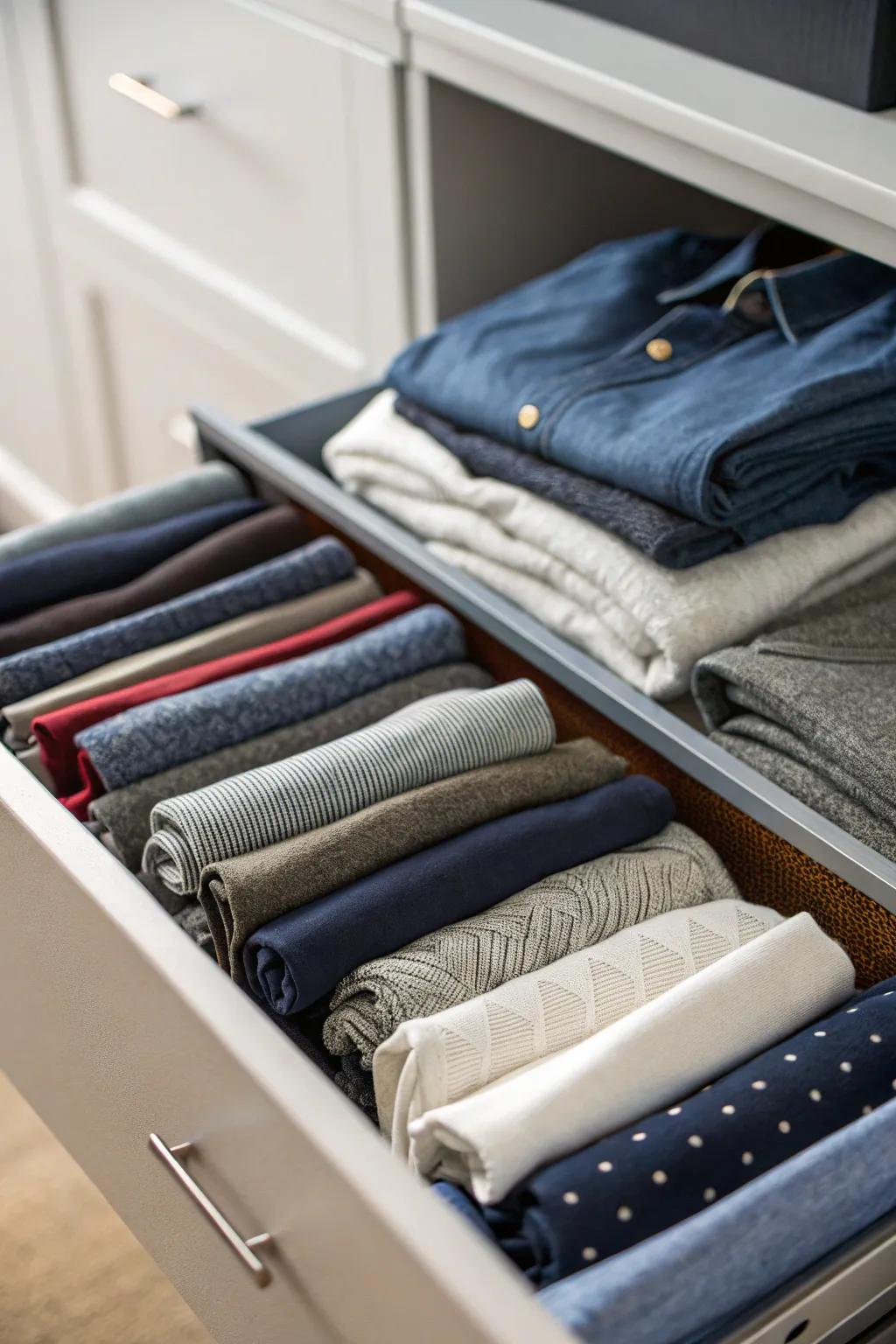 Vertical folding technique for full visibility and access in dresser drawers.