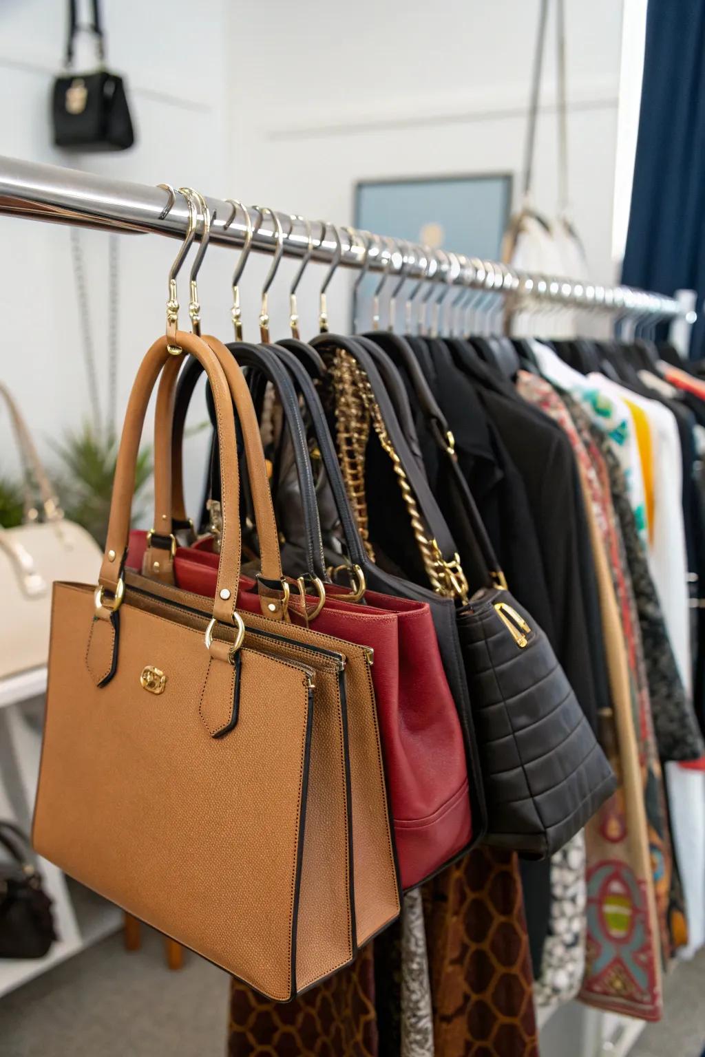 Flexible bag storage using S-hooks on a rod, perfect for growing collections.