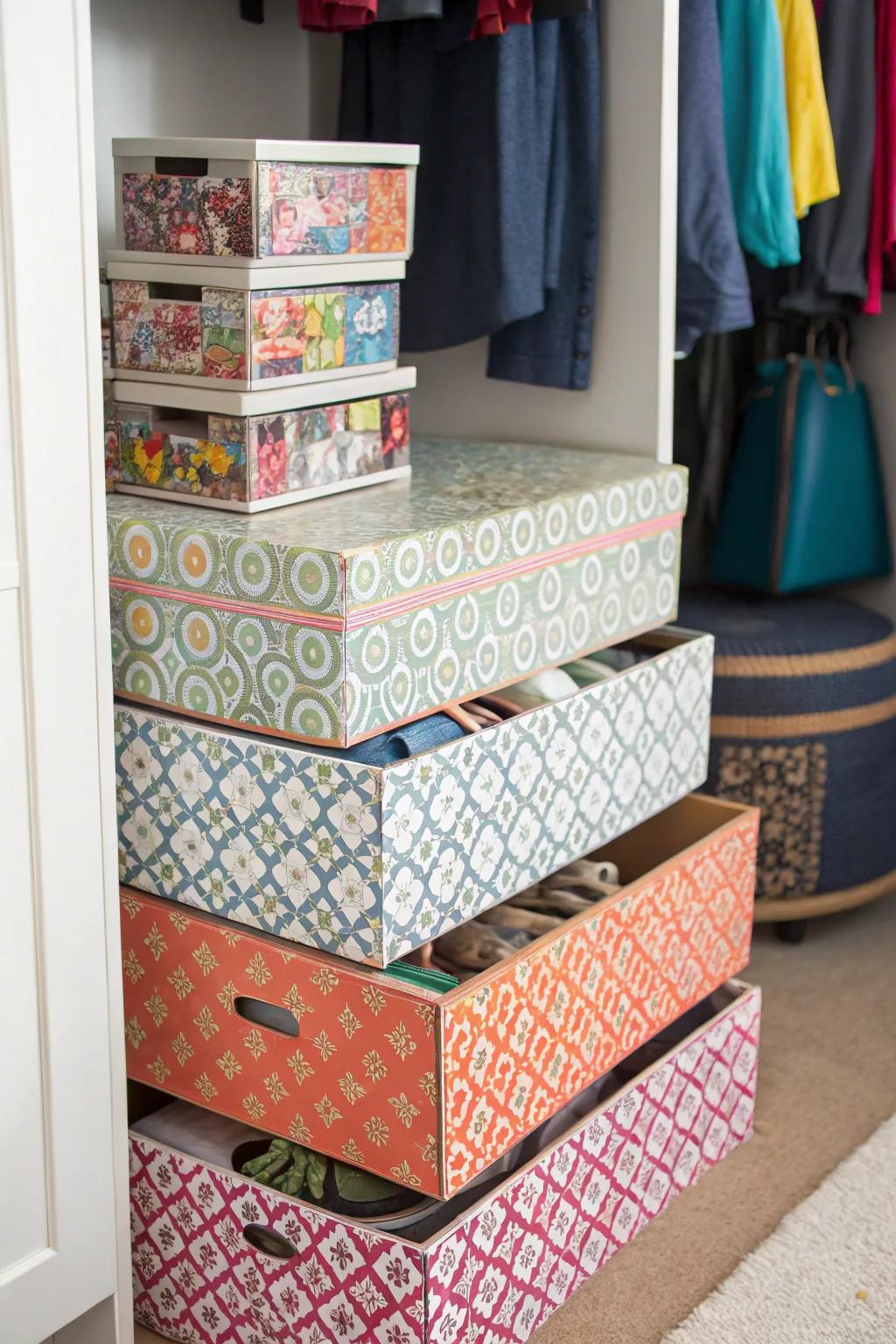 Shoe boxes transformed into eye-catching puzzle storage.