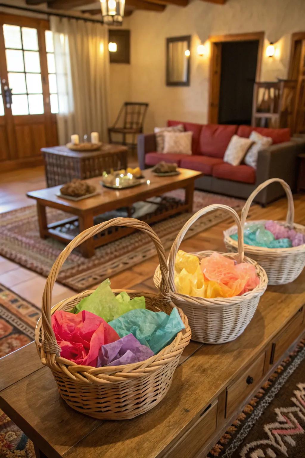 Twisted vine containers offer a charming way to store crepe paper.