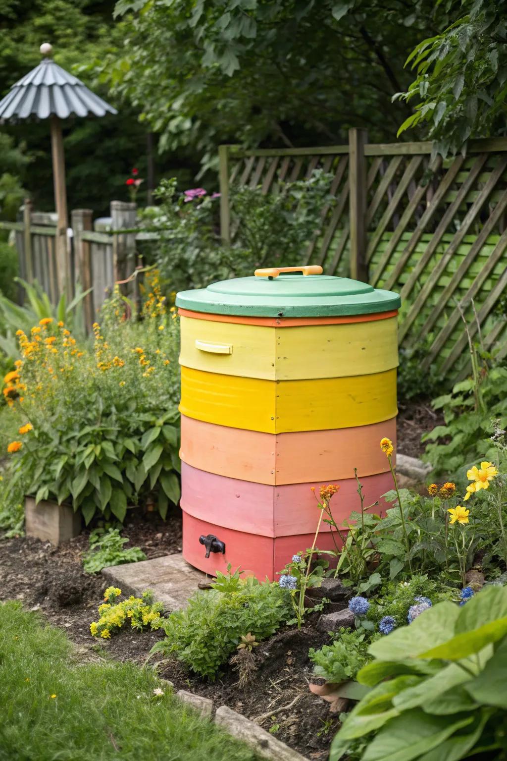 This brightly painted compost bin serves as a striking garden ornament.