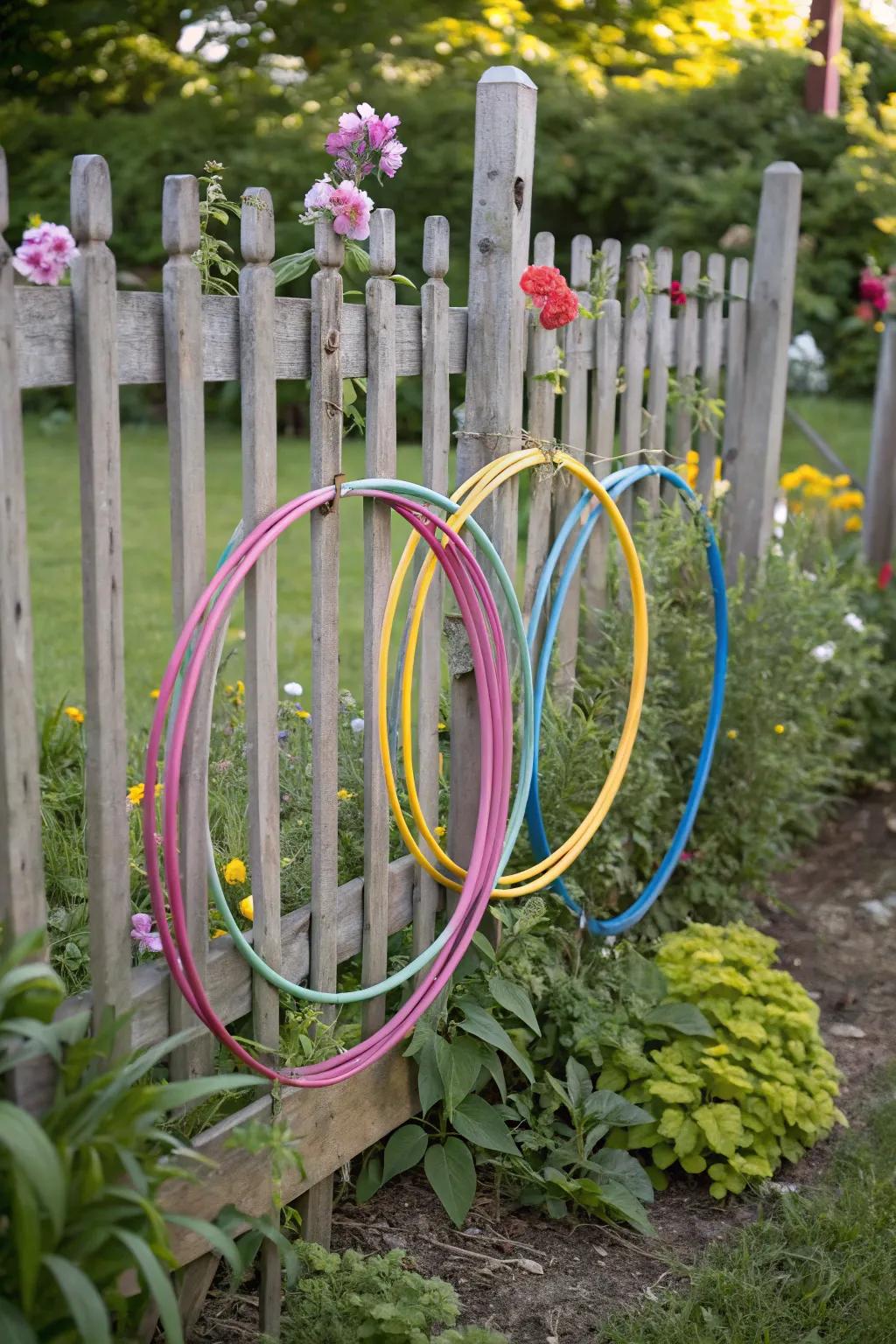 Hula hoops creatively displayed on a garden fence, thereby enhancing the outdoor ambiance.