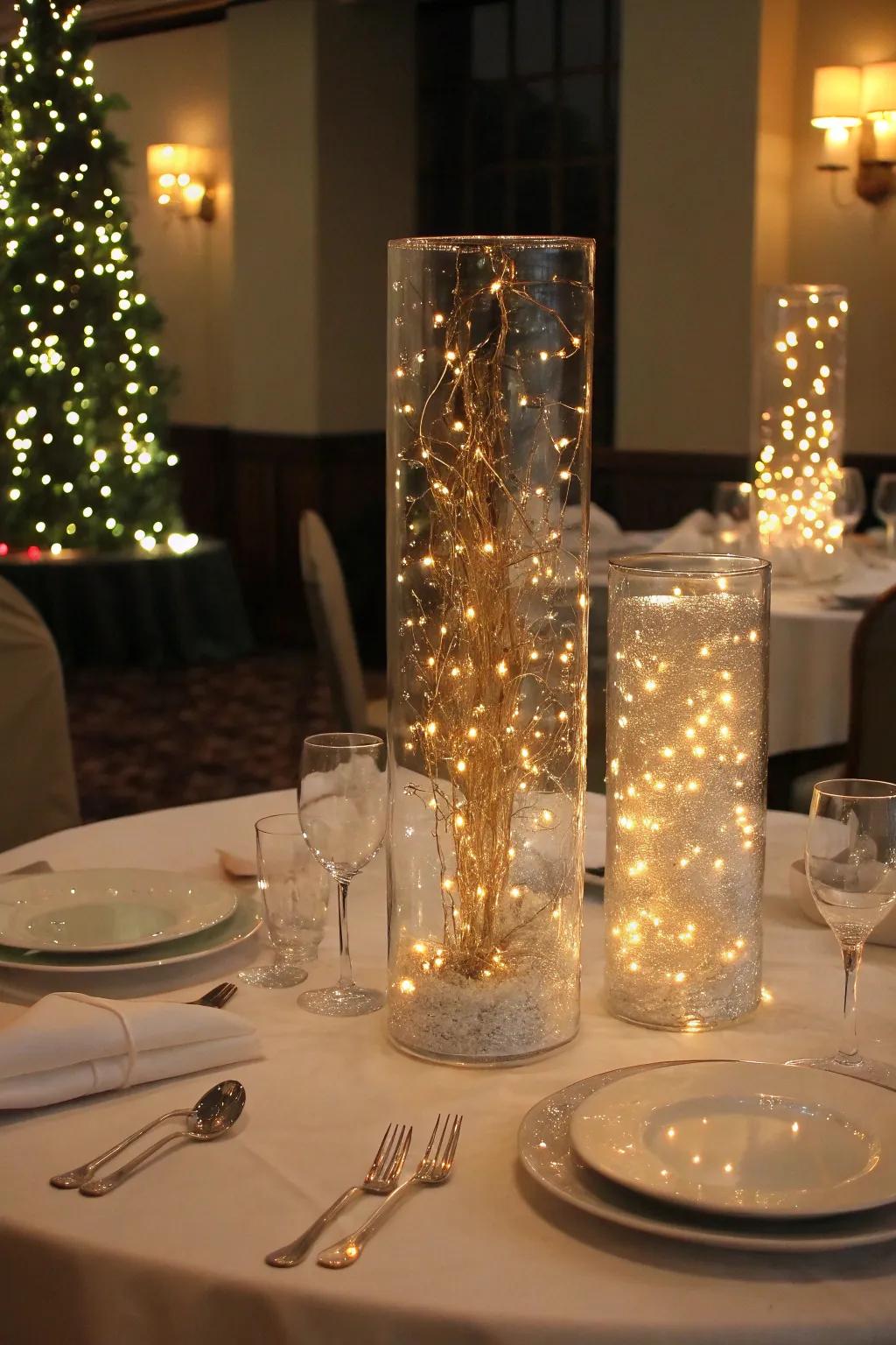 Twinkle lights inside hurricane vases create a magical and enchanting atmosphere.