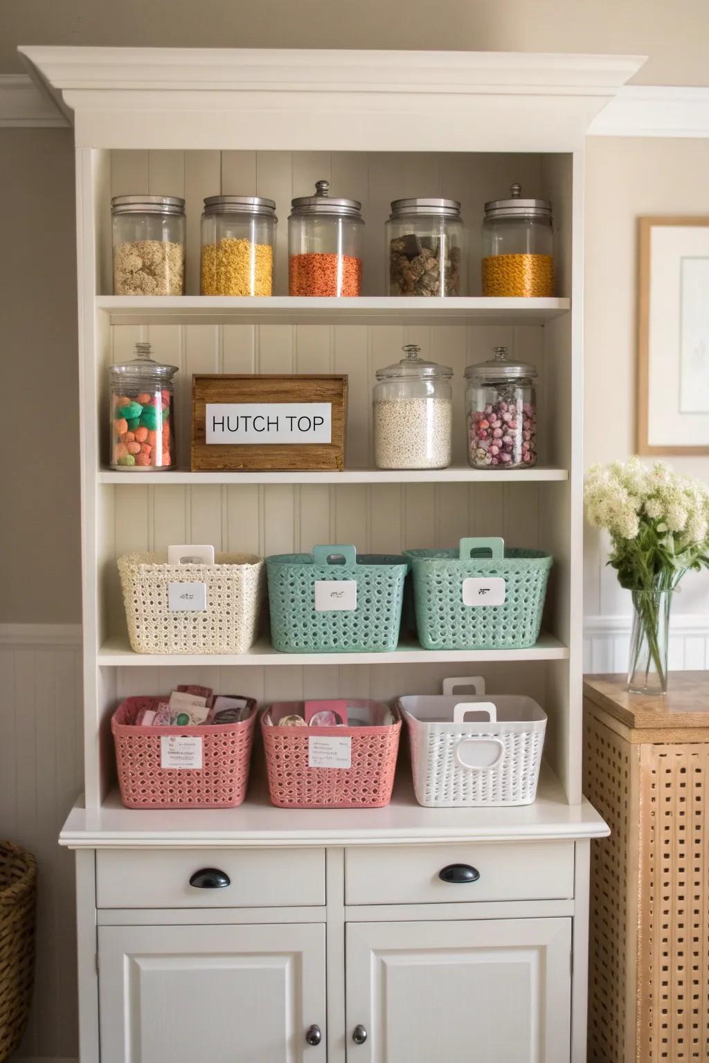 Keep things tidy with baskets on your hutch top.