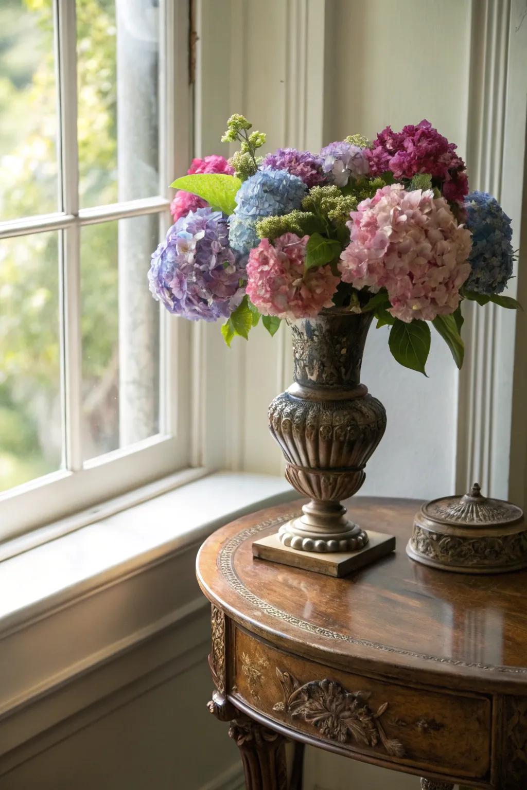 A retro container filled with hydrangeas enlivens history.