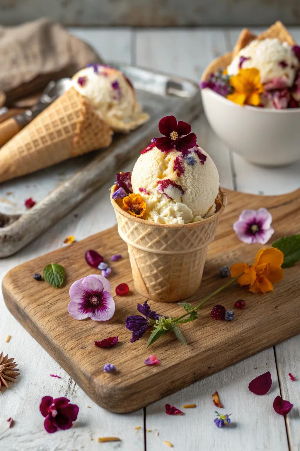 Ice cream adorned with edible flowers for a touch of elegance.
