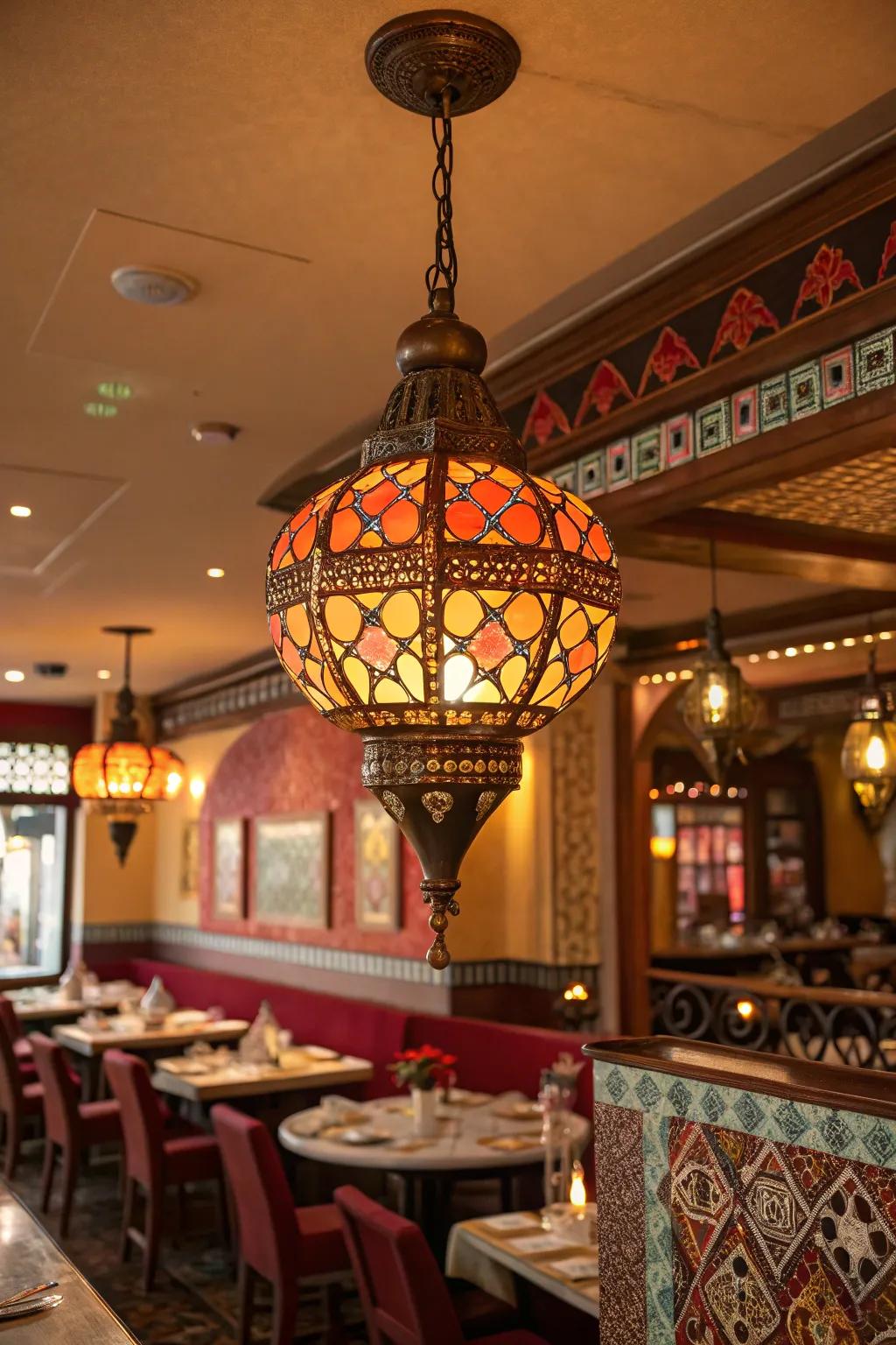 The eye-catching lighting fixture elevates the restaurant's atmosphere.