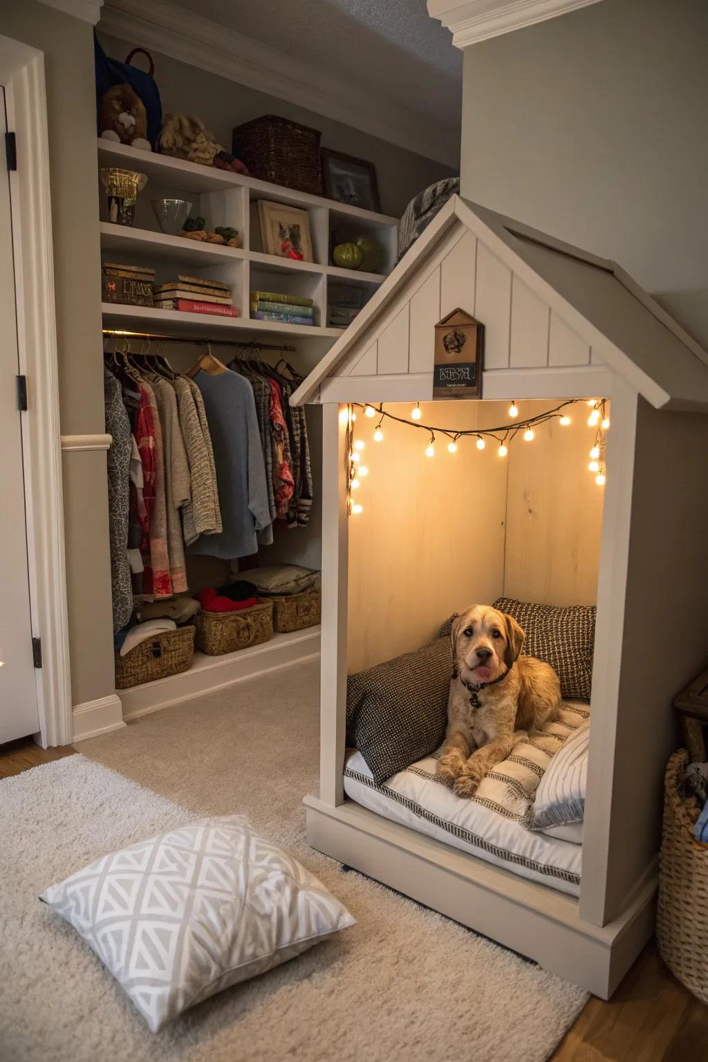 Unveiling a serene getaway: a kennel discreetly positioned within the depths of a closet.