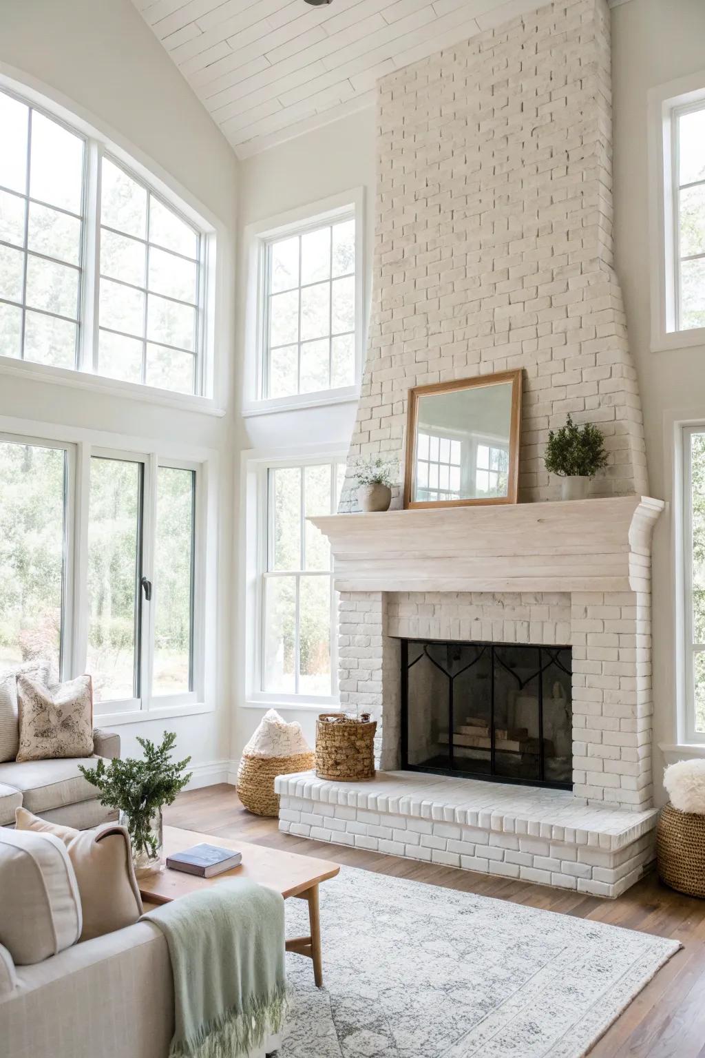 A family room with a chalky brick fireplace, radiating brightness and refinement.