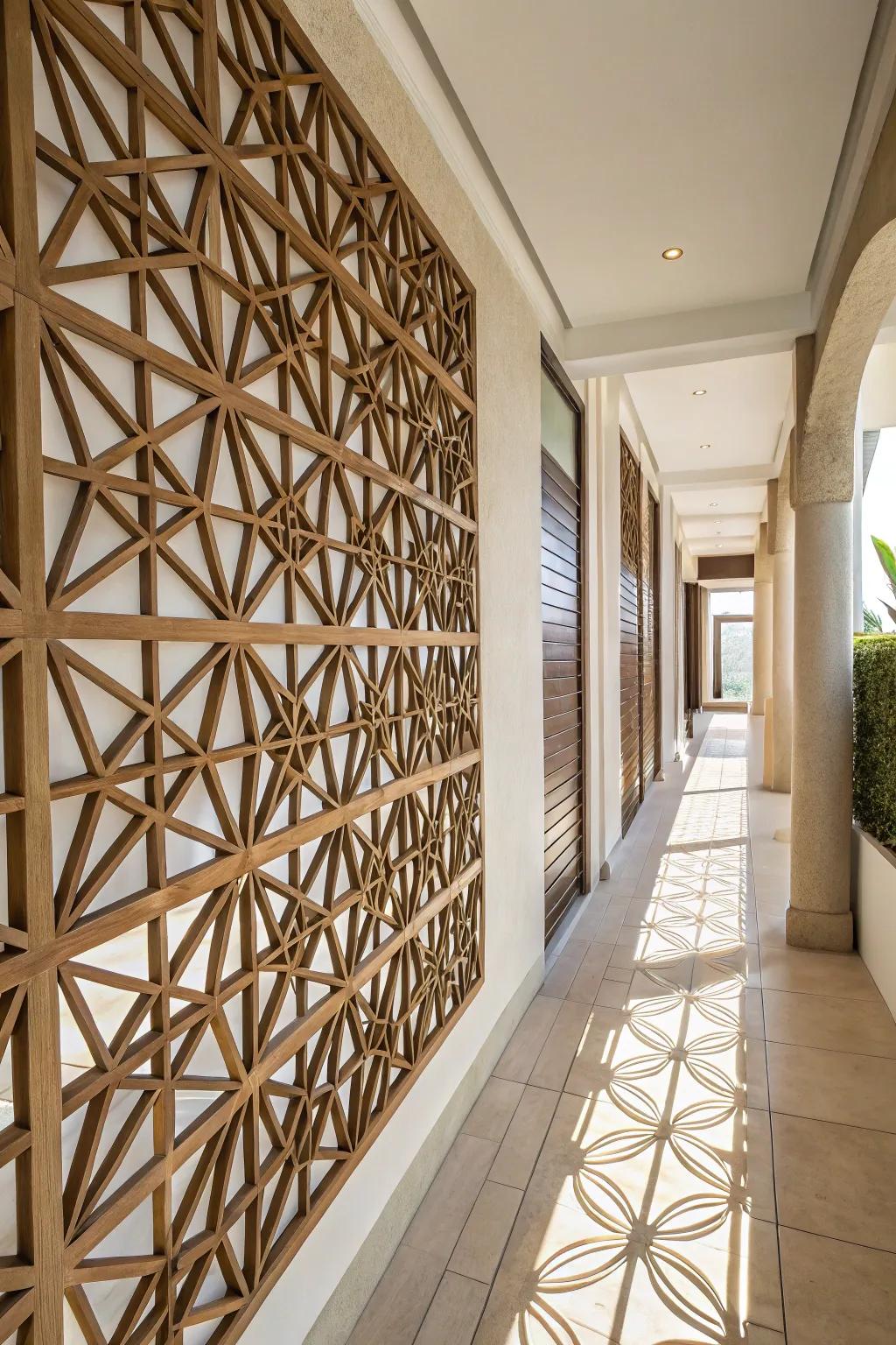 Geometric lattice wall adding a contemporary touch to the hallway.