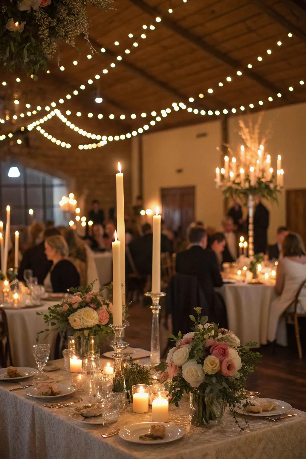 Wax lights adding a touch of refinement and warmth to the wedding.