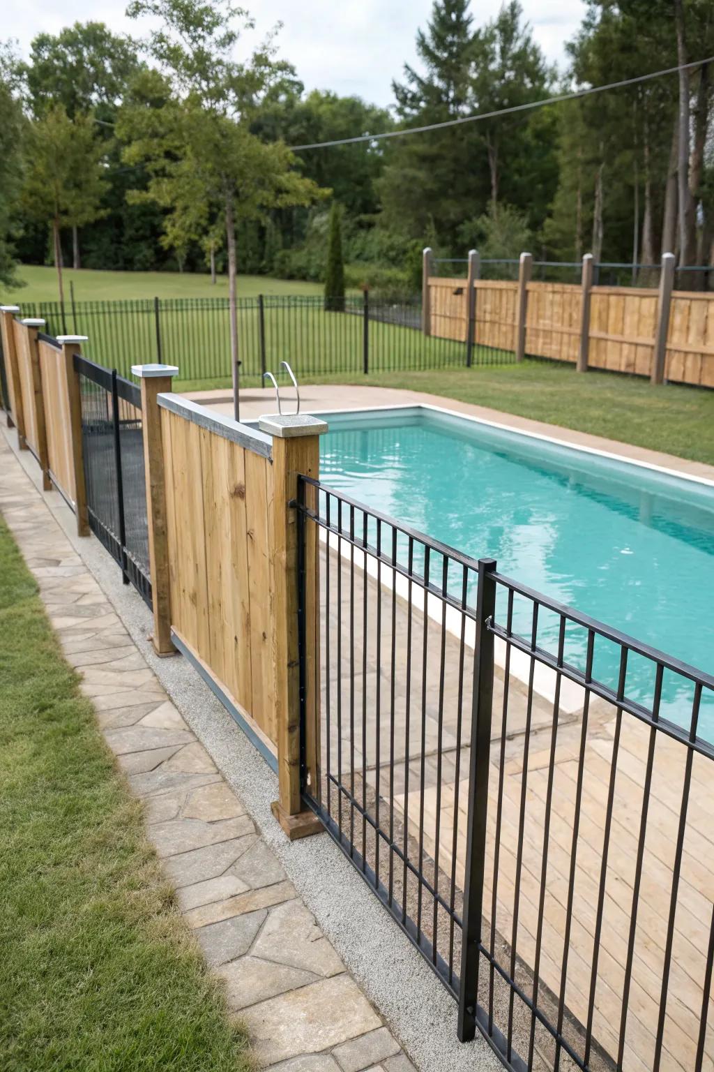 Mixing materials creates a unique and textured pool perimeter design.