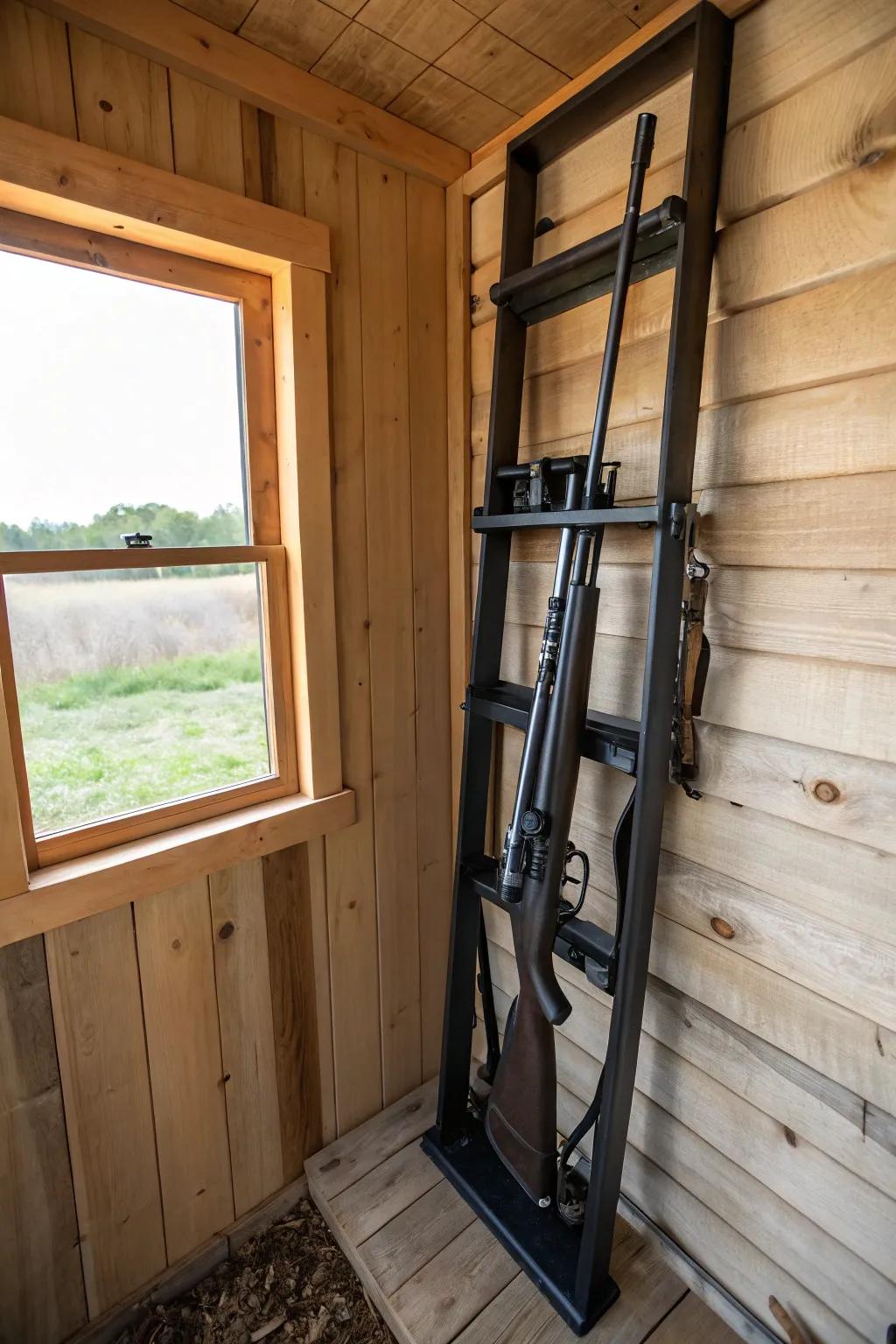 Vertically aligned firearm racks guarantee safe and rapid accessibility to your firearm.