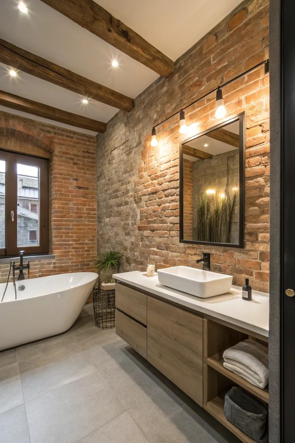 A distinctive bathroom featuring a bare brick wall, introducing country-style charm to the elegant space.