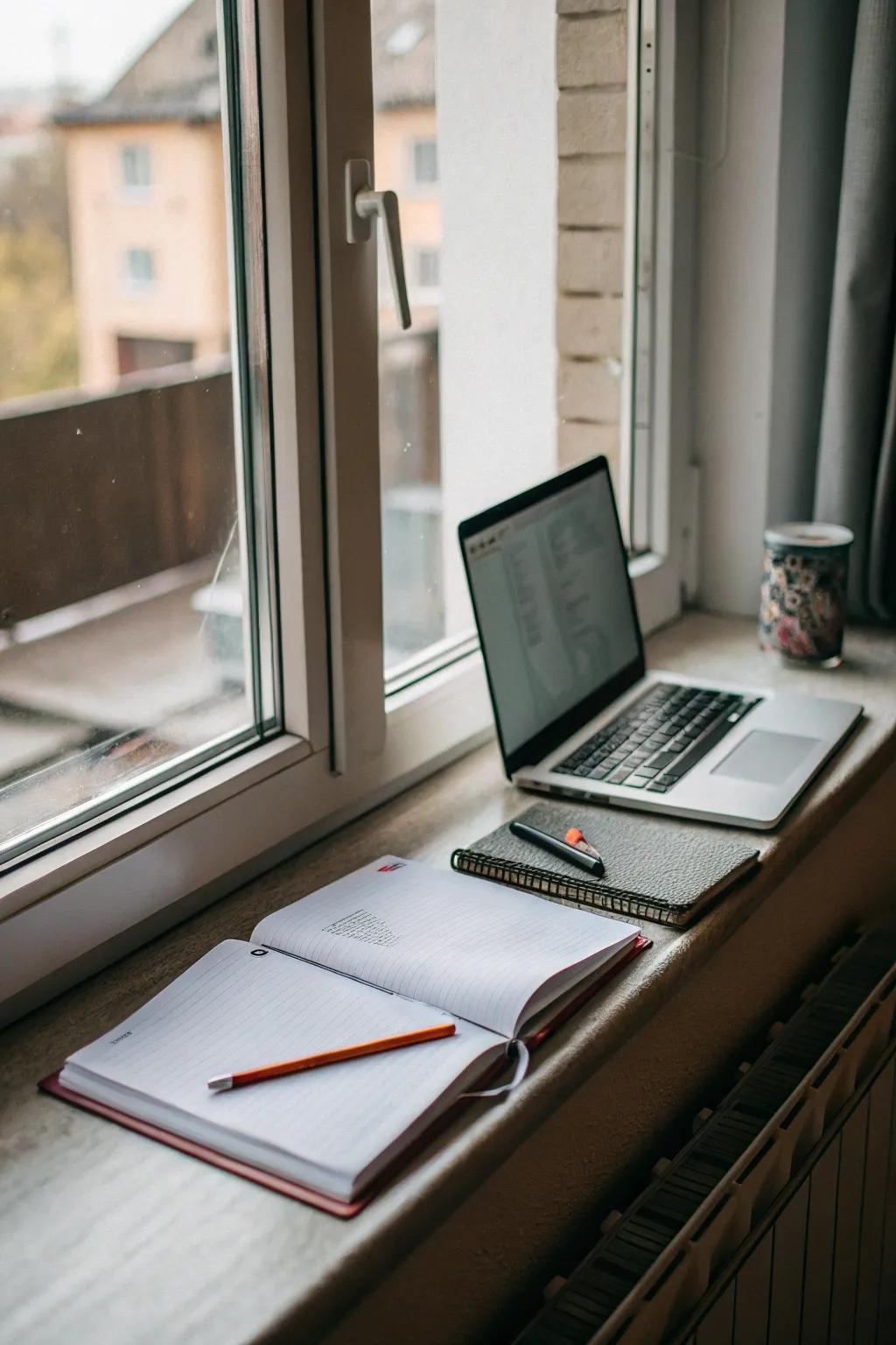 A window sill workspace offers a bright and inspiring place to work.