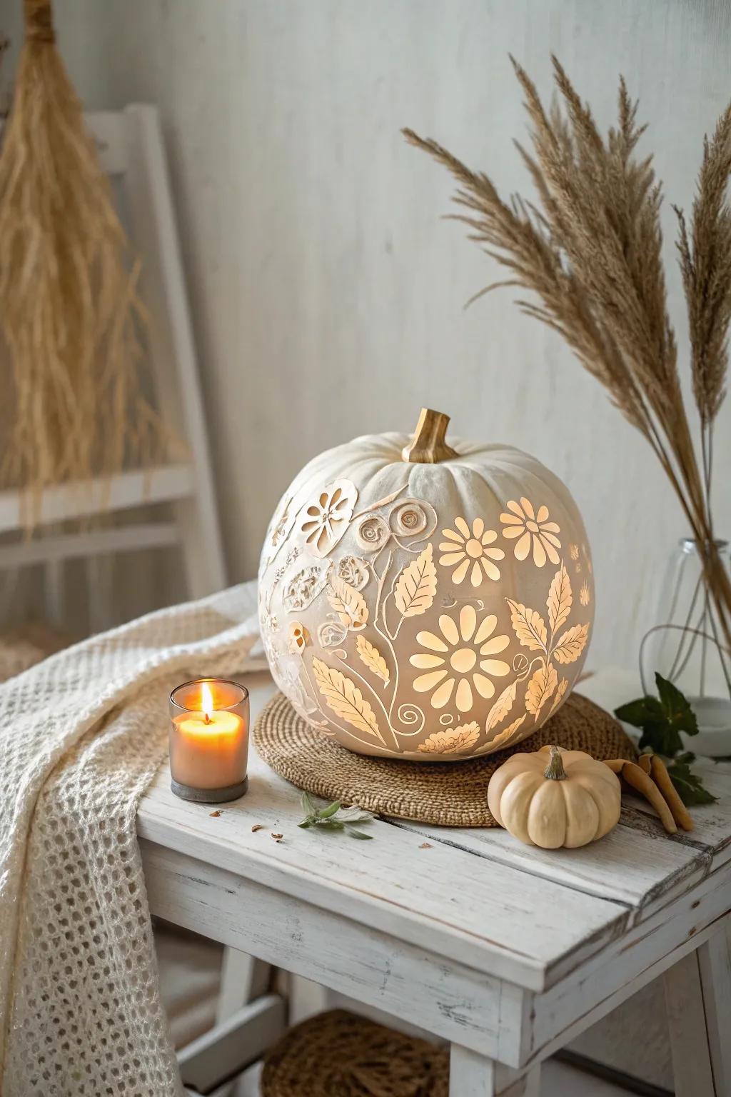 Embrace the splendor of illuminated motifs with elaborate floral carvings, crafting enchanting shadows that dance with the warmth of Scandinavian simplicity.