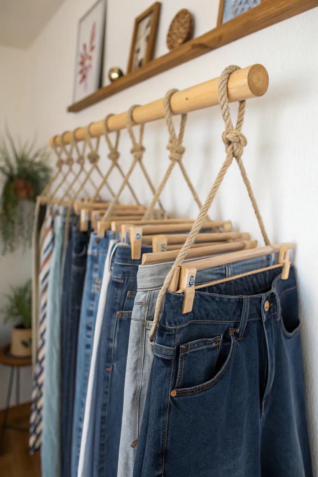 Craft your own hanging rack for a personalized jeans storage solution.