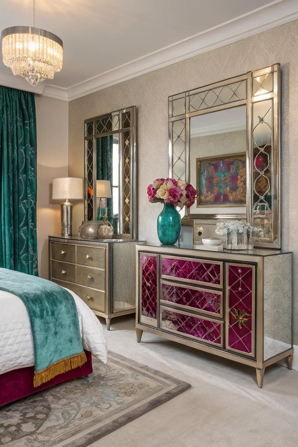 Mirrored furniture enlivens jewel tones and suggests a more open space.