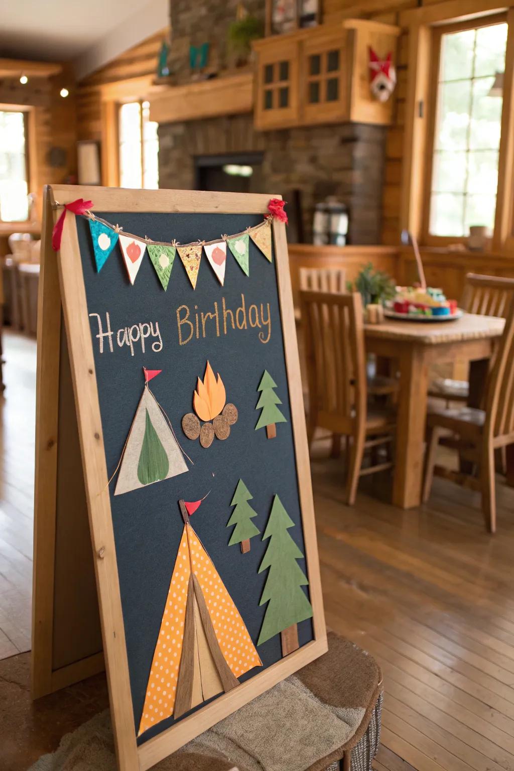 A daring camping-themed birthday board for July parties.