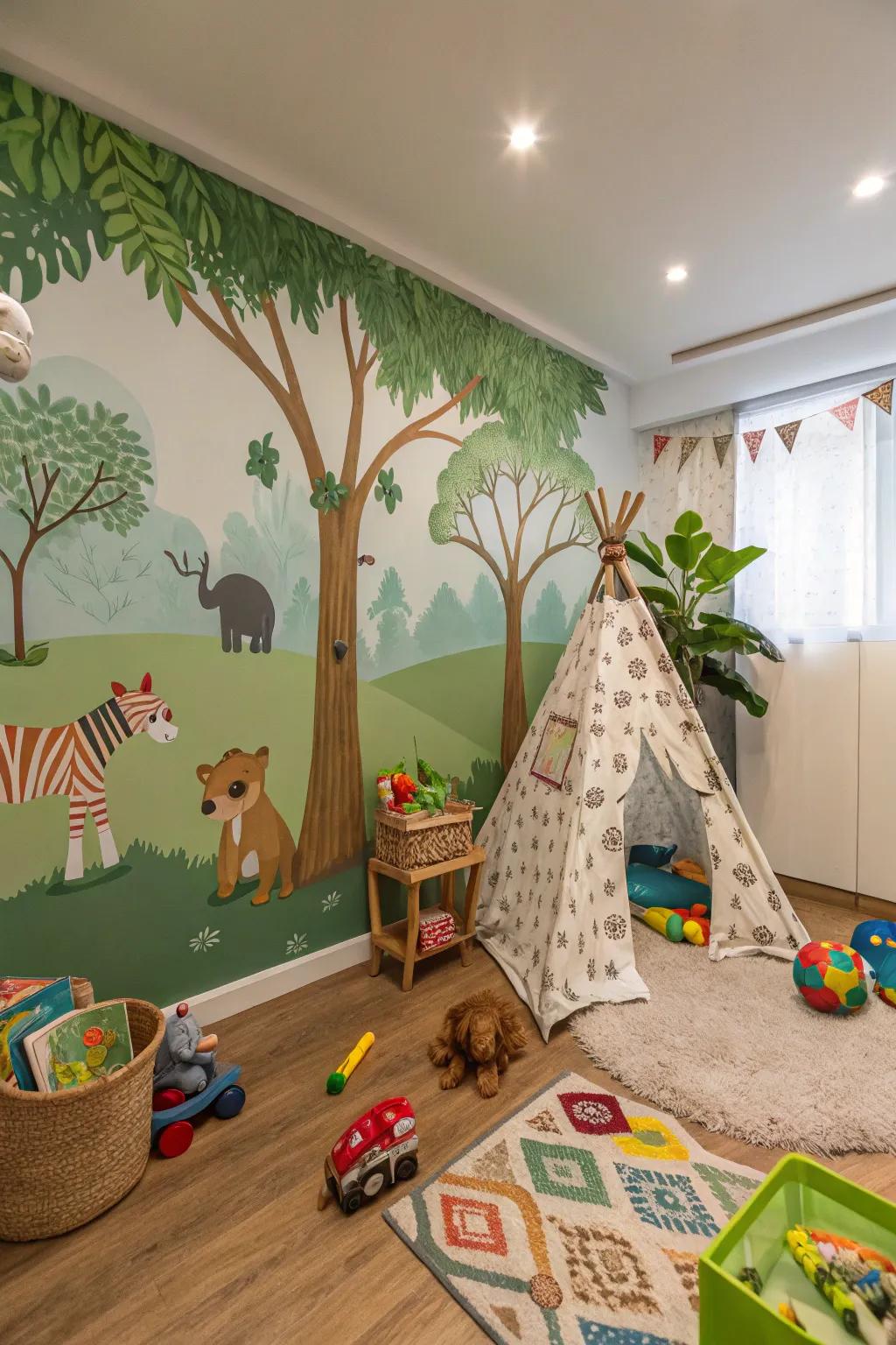 A playroom that invites voyage through its jungle-themed wall decor.
