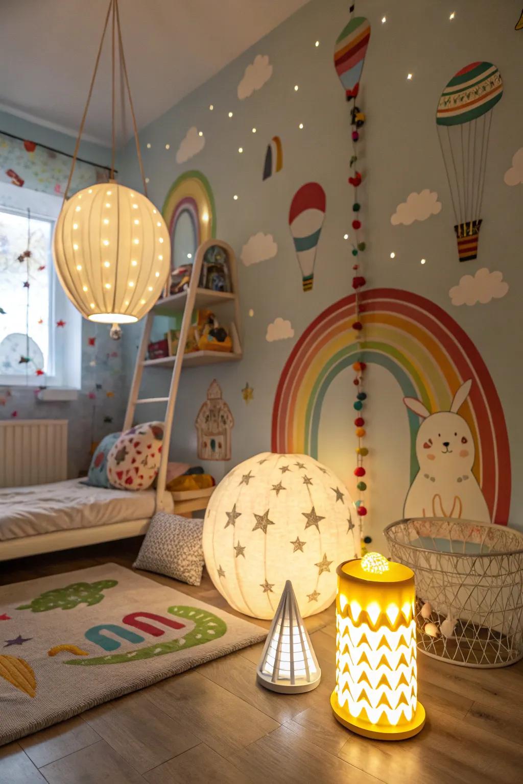 Whimsical lighting amplifies the room's ambiance.