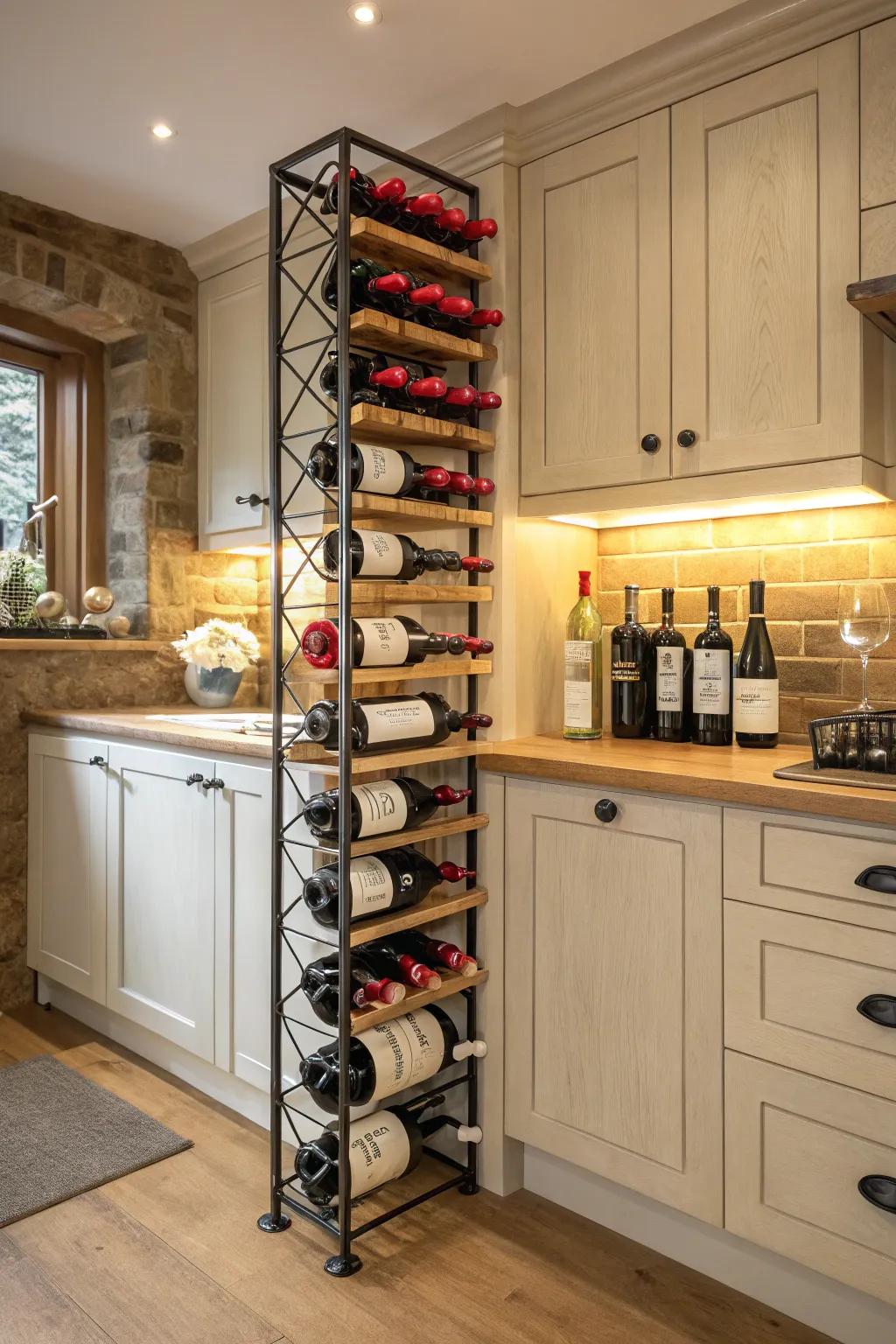 A corner wine display brings elegance and storage together.