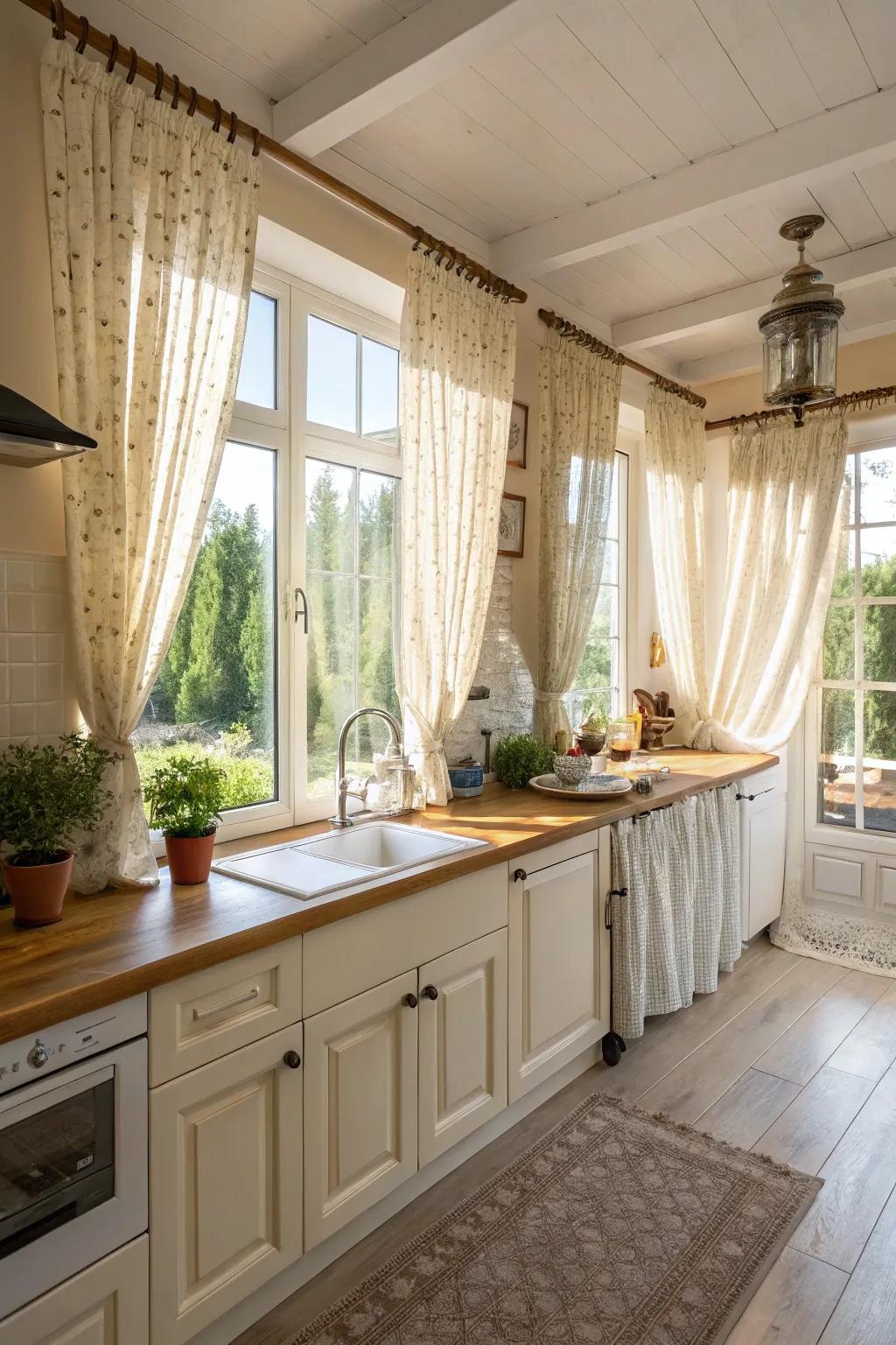 Curtains that amplify daylight for a bright and ventilated kitchen.