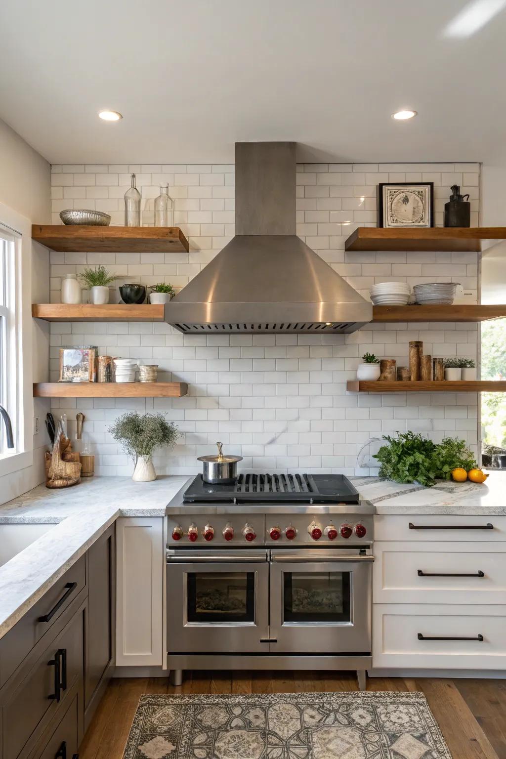 Flanking shelves highlight the range hood.