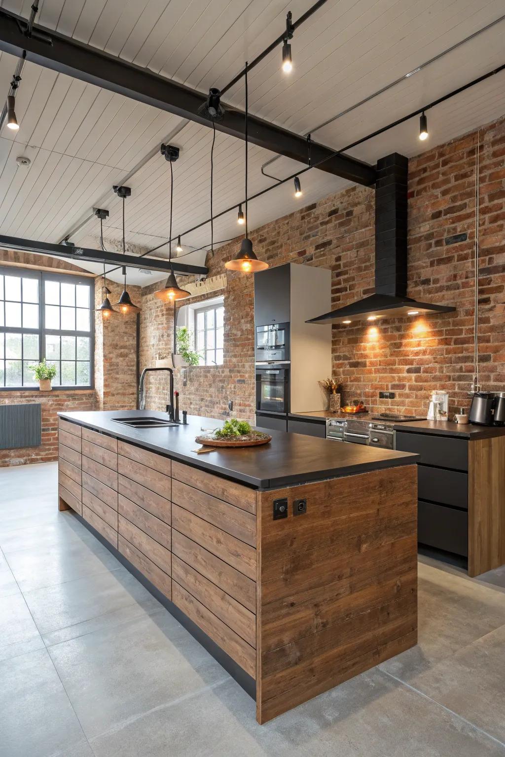 A brick rear panel introduces a vintage urban hint to this cooking island, ideal for city-inspired spaces.