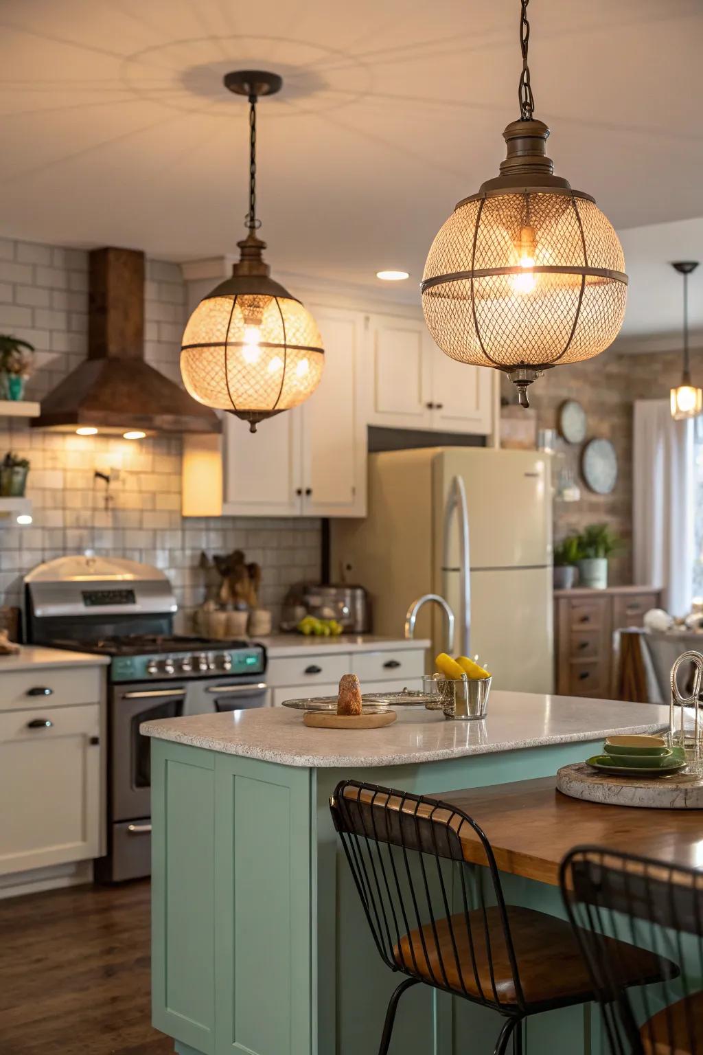 Mid-century modern lighting injects vintage charm into the kitchen.