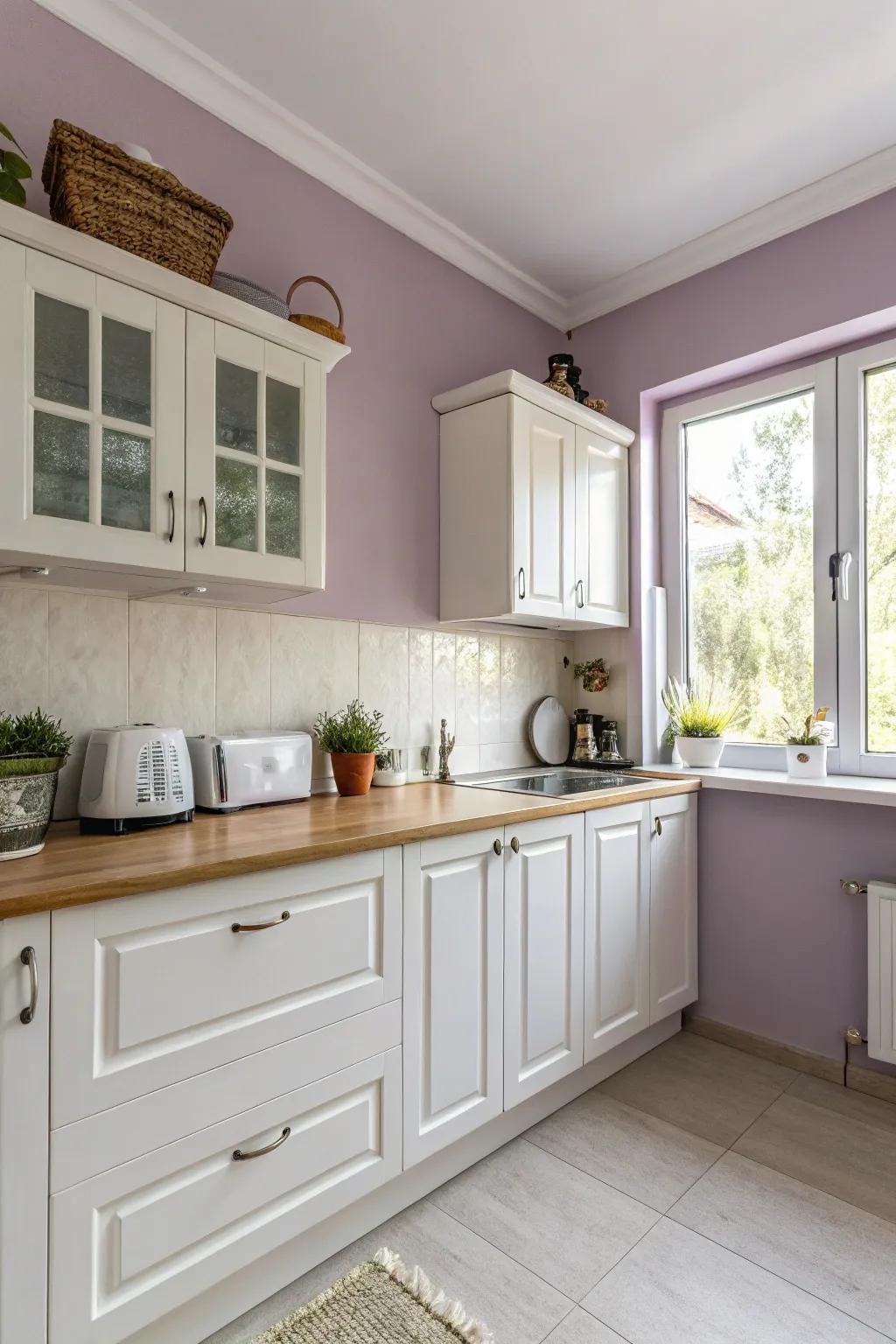Soft lilac walls introduce a charming and whimsical touch.