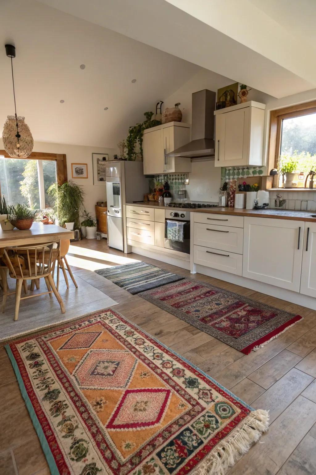 Rugs can efficiently specify zones in open-concept kitchens.