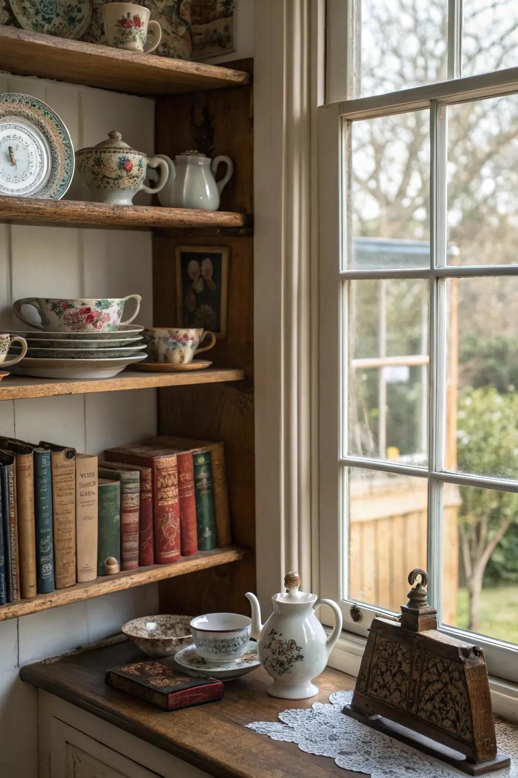 Vintage discoveries evoke nostalgia and inject character into kitchen window shelves.
