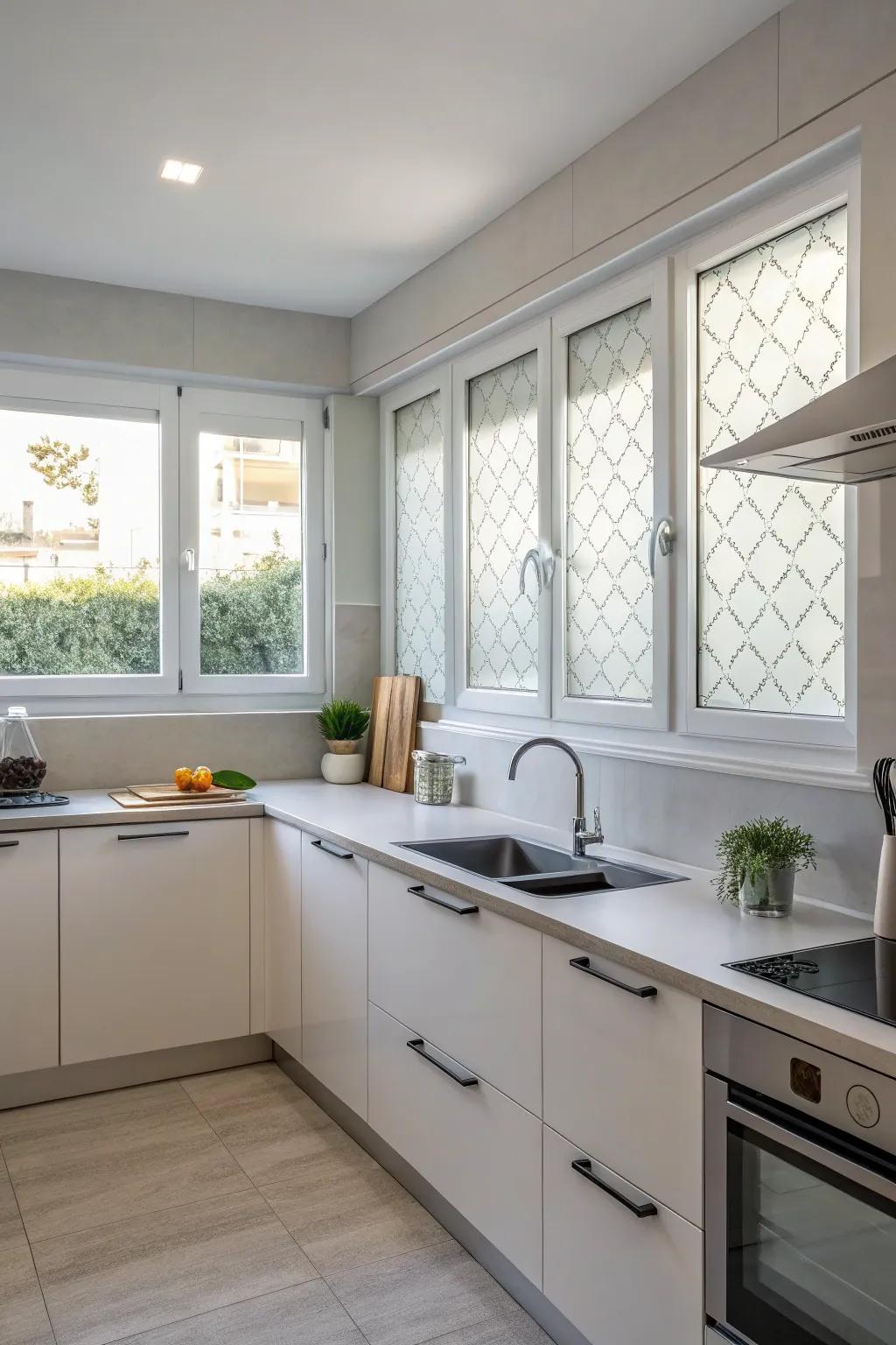 Window overlays ensure privacy while preserving a streamlined aesthetic.