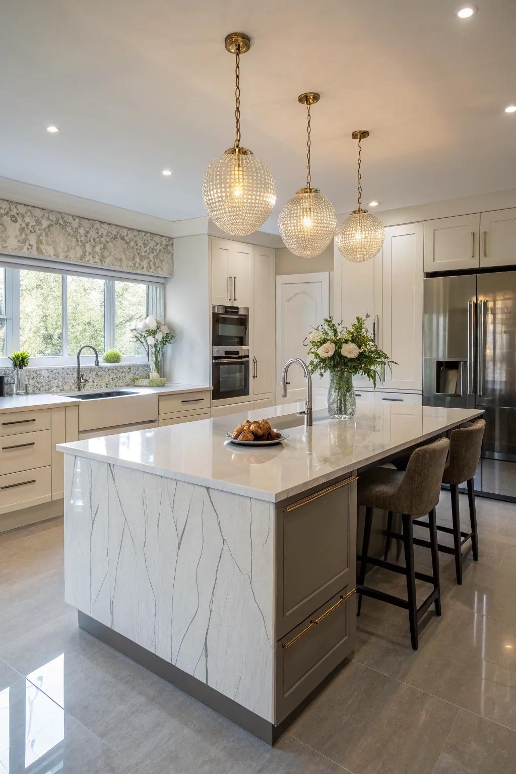 A headline quartz central island being the focal point of the cooking space.