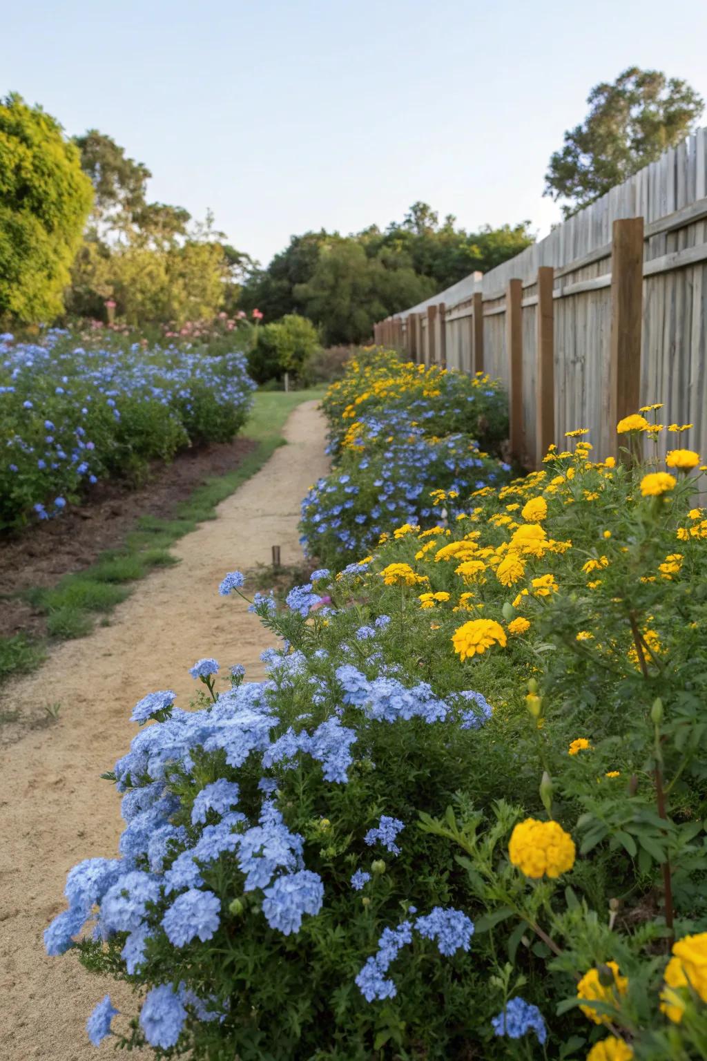 A garden featuring a striking combination of blue plumbago and yellow marigold flowers.