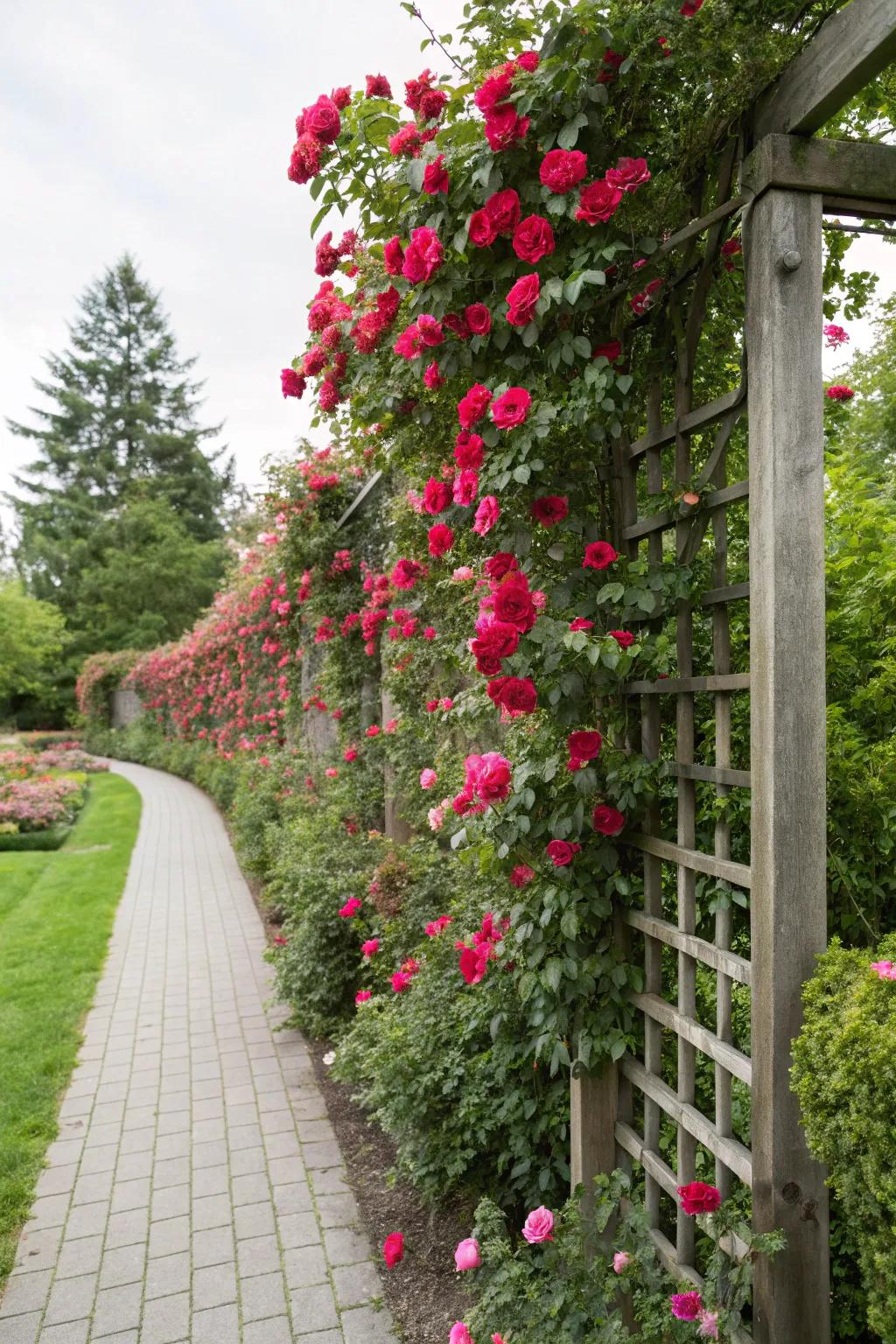 Vertical gardens with knockout roses create living walls.